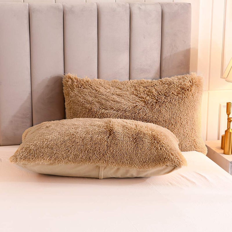 Uhamho Faux Fur Velvet Fluffy Bedding Duvet Cover Set Down Comforter Quilt Cover with Pillow Shams, Ultra Soft Warm (King, Camel) - Image 4